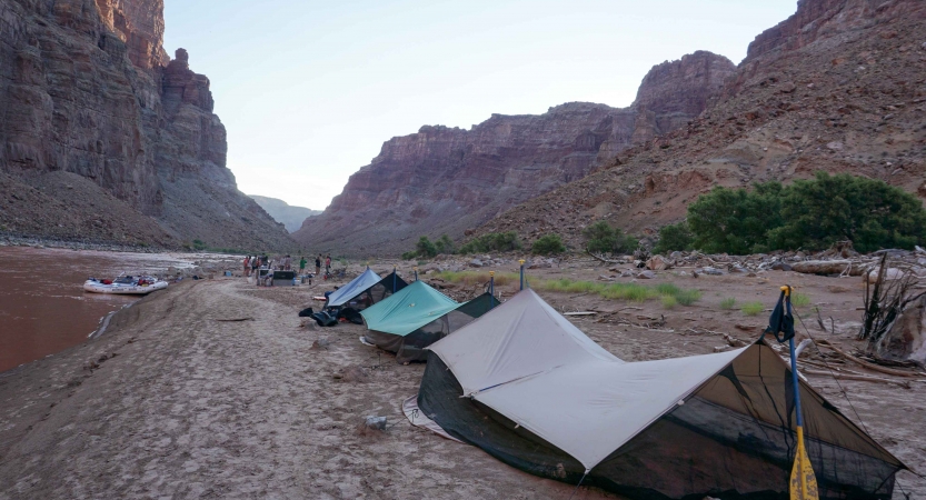 Tarp shelters rest on the shore of a muddy river framed by red canyon walls. 